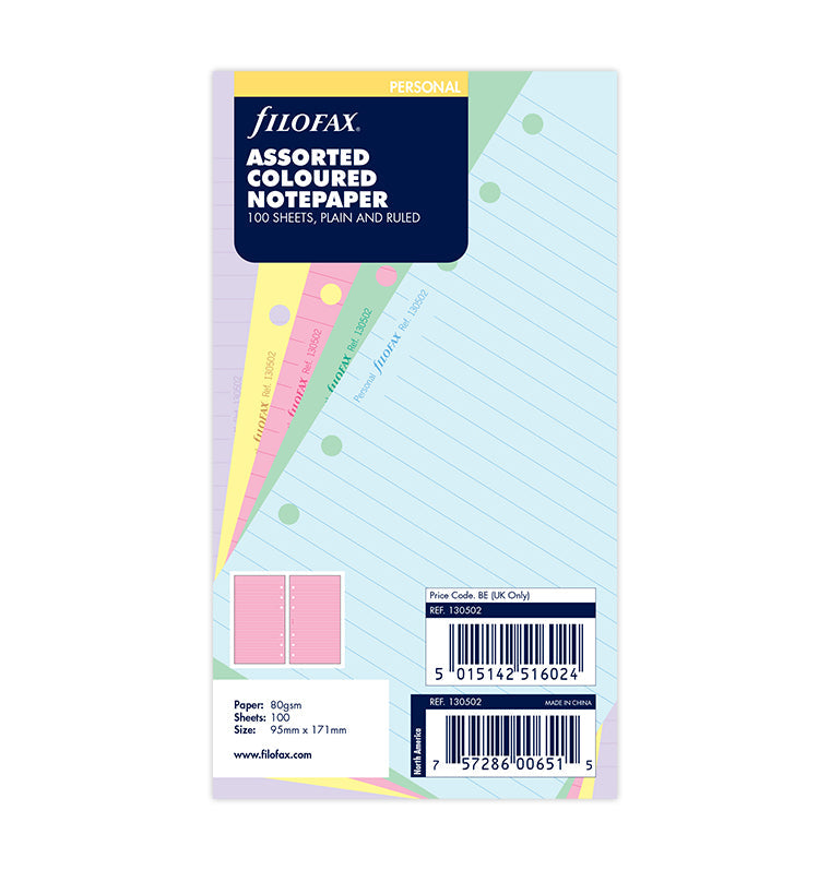 Filofax Assorted Coloured Notepaper, Plain And Ruled Value Personal Pack Refill