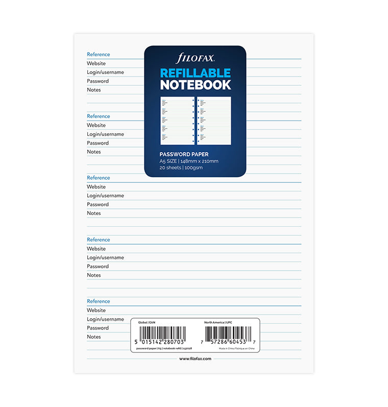 Filofax Notebook Password Paper Refill - A5