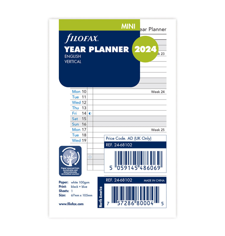 Filofax Vertical Year Planner Diary Refill - Mini 2024 English