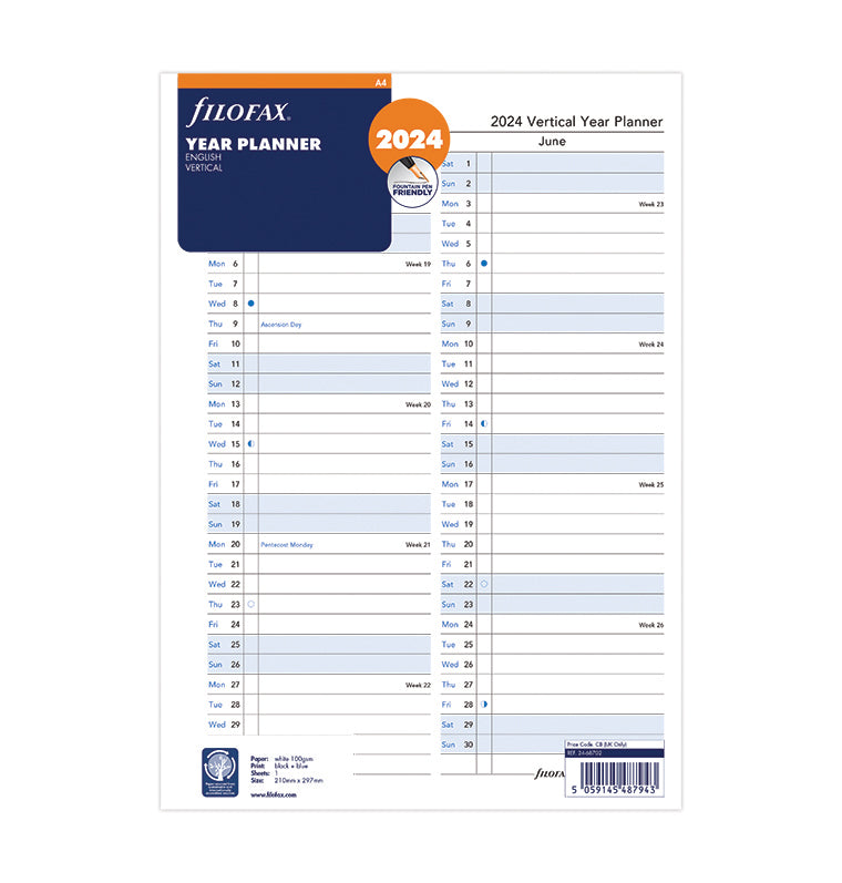 Filofax Vertical Year Planner Refill - A4 2024 English