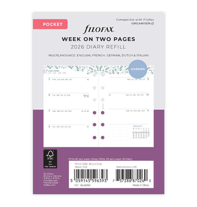 Filofax Pocket Week On Two Pages Recycled Paper 2026 Diary Refill