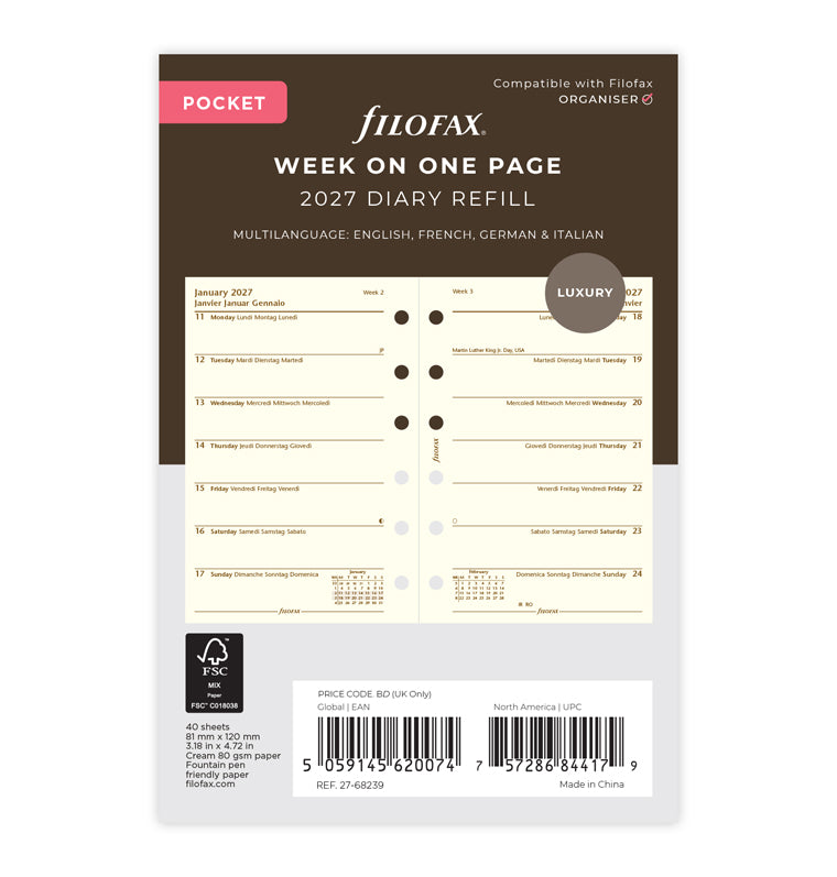 Week on One Page Diary - Pocket Cotton Cream 2027 | Filofax – Filofax UK