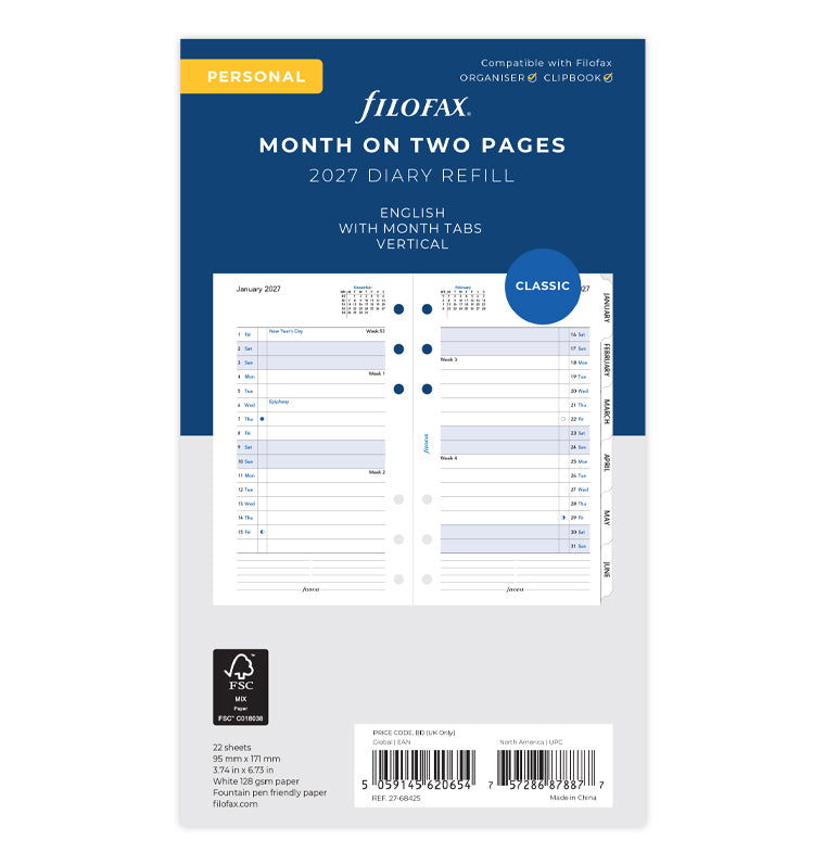 Month on Two Pages Diary Refill - Personal 2027 | Filofax – Filofax UK
