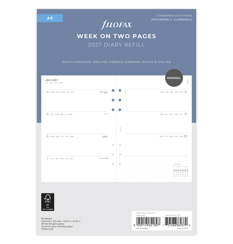 Minimal Week on Two Pages Diary Refill - A5 2027 | Filofax – Filofax UK