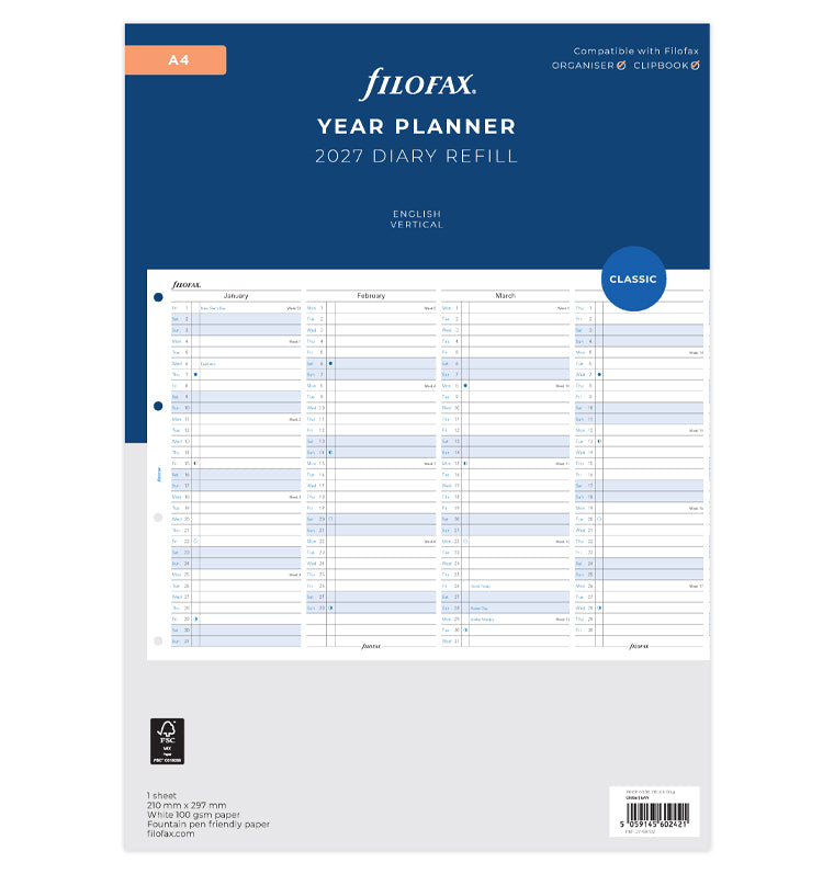 Vertical Year Planner - A4 2027 English – Filofax UK
