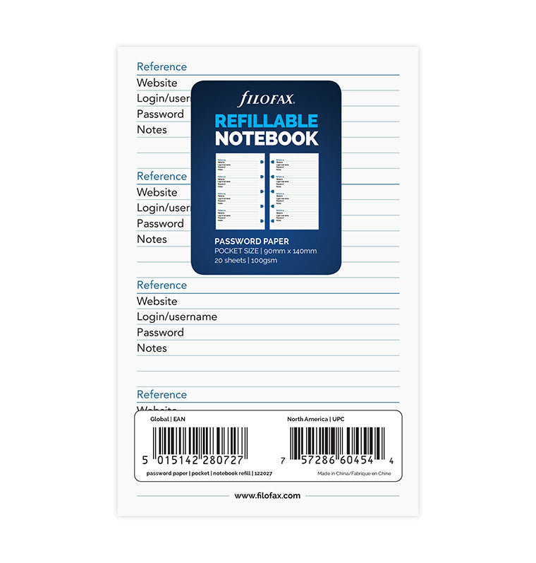 Filofax Notebook Password Paper Refill - Pocket