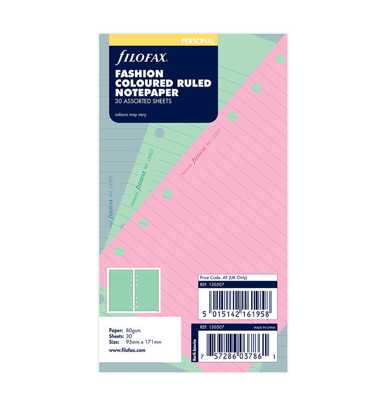 Fashion Coloured Ruled Notepaper Refill - Personal