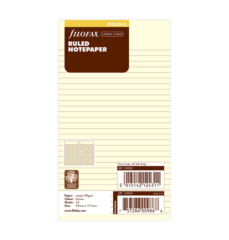 Cotton Cream Ruled Notepaper Refill - Personal