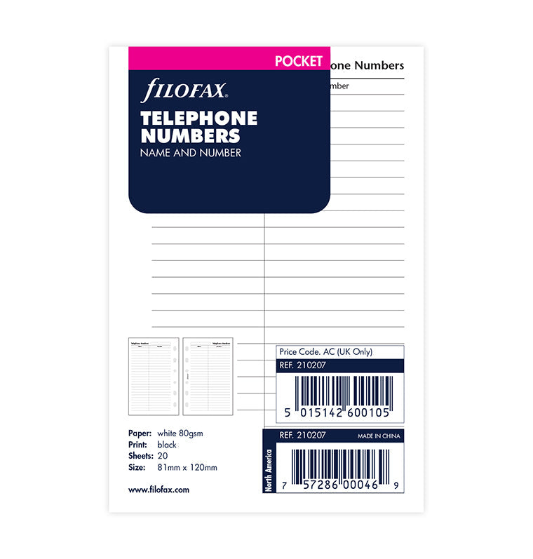 Name and Telephone Number Refill - Pocket