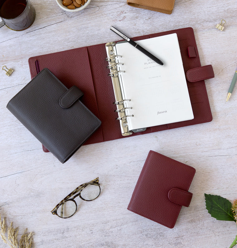 Filofax Norfolk Leather Organisers in Currant Red and Espresso Brown