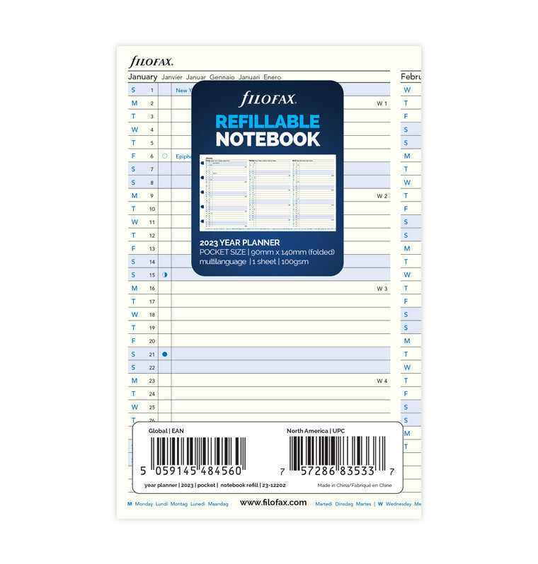 Refillable Notebook Year Planner Refill - Pocket 2023 Multilanguage