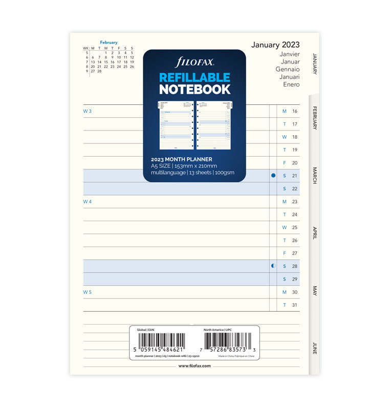 Filofax Refillable Notebook Month Planner Refill - A5 2023 Multilanguage