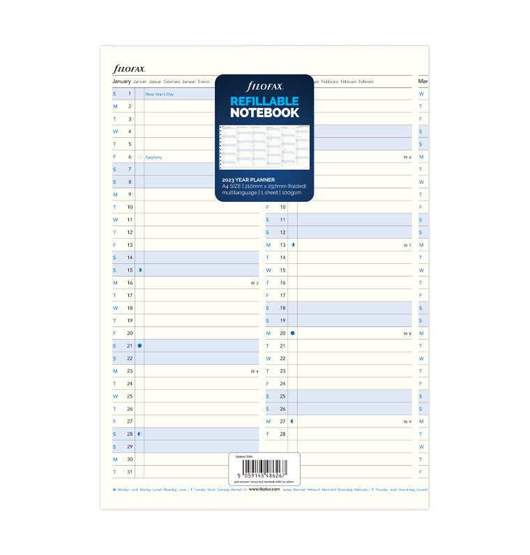 Filofax Refillable Notebook Year Planner Refill - A4 2023 Multilanguage