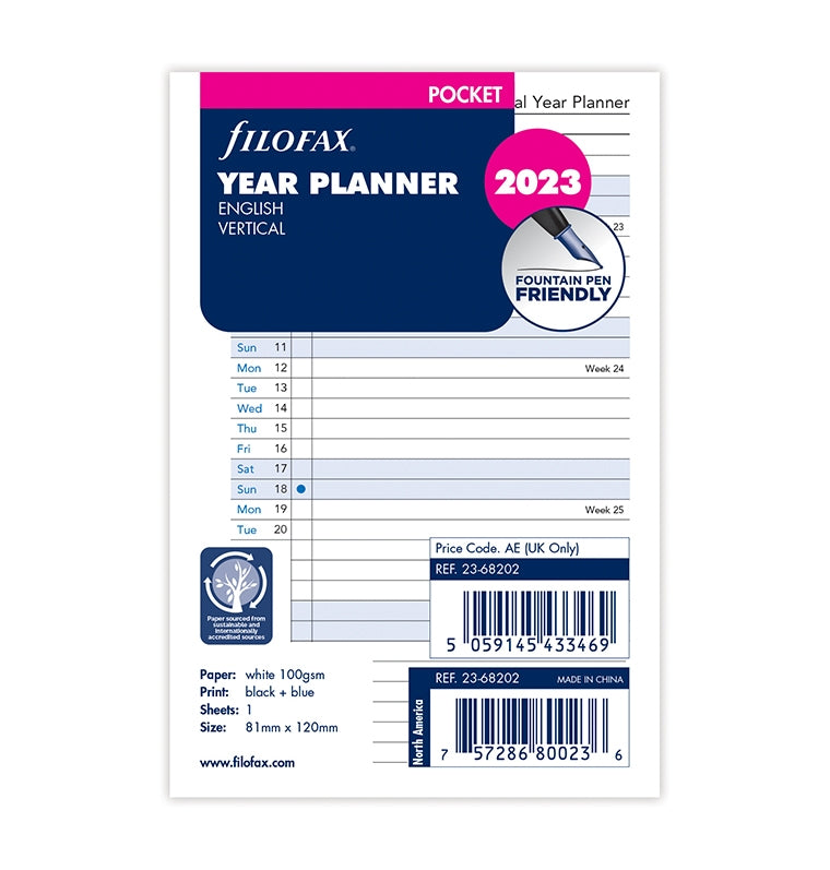 Filofax Vertical Year Planner Refill Pocket 2023