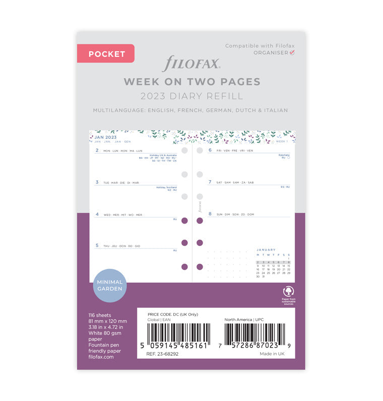 Filofax Garden Week On Two Pages Diary - Pocket 2023 Multilanguage