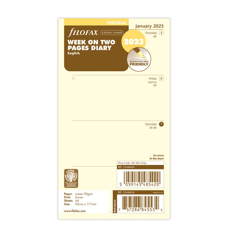Filofax Week On Two Pages Diary - Personal Cotton Cream 2023 English