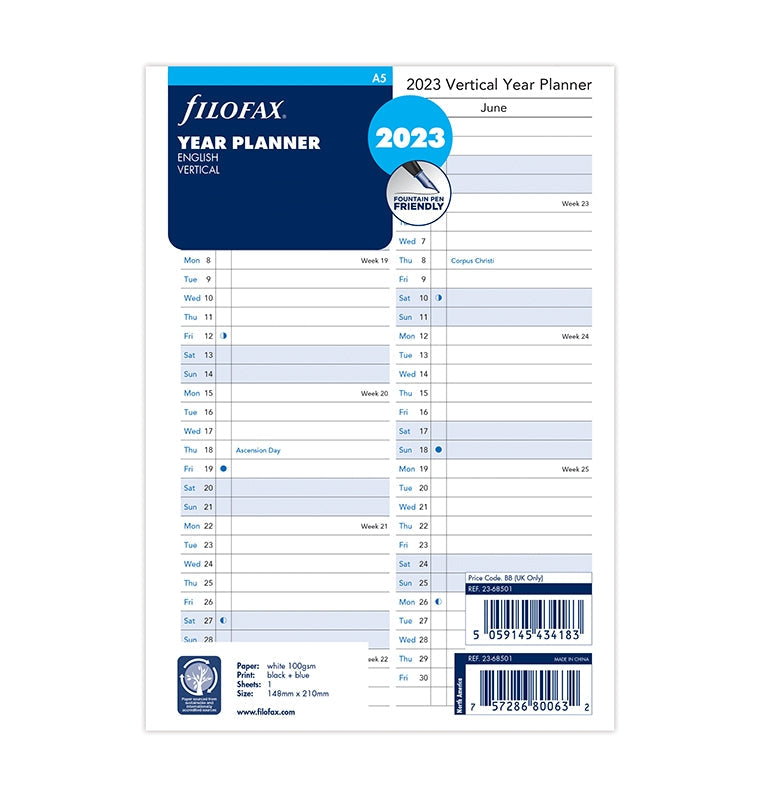 Vertical Year Planner A5 Filofax Refill