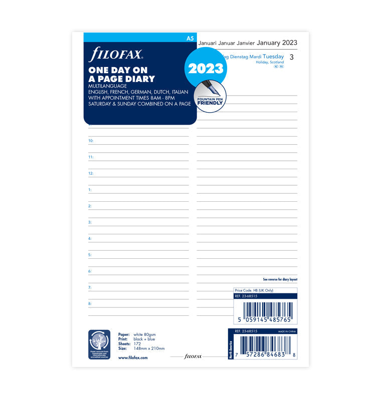 Filofax One Day On A Page Diary With Appointments - A5 2023 Multilanguage
