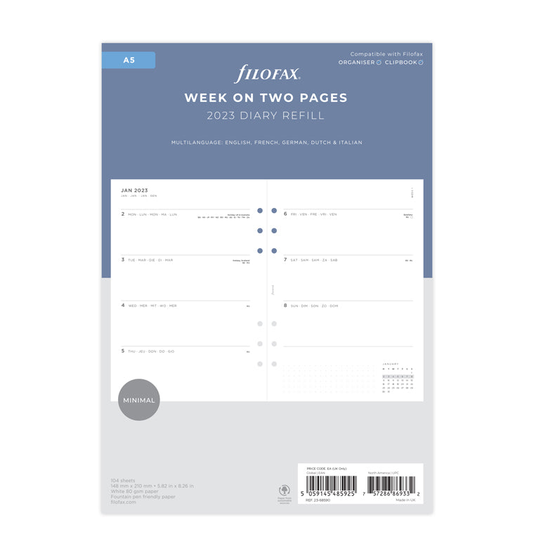 Filofax Minimal Week on Two Pages Diary - A5 2023 Multilanguage