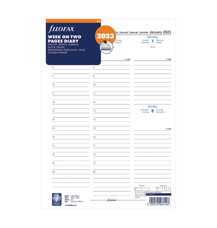 Filofax Week On Two Pages Diary With Appointments - A4 2023 Multilanguage