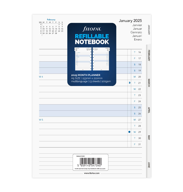 Refillable Notebook Month Planner Refill - A5 2025 Multilanguage
