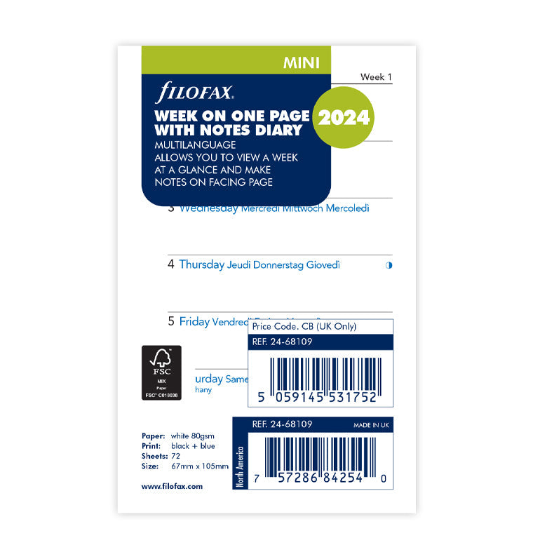 Filofax Calendar Refill Week On One Page with Notes Personal 2023