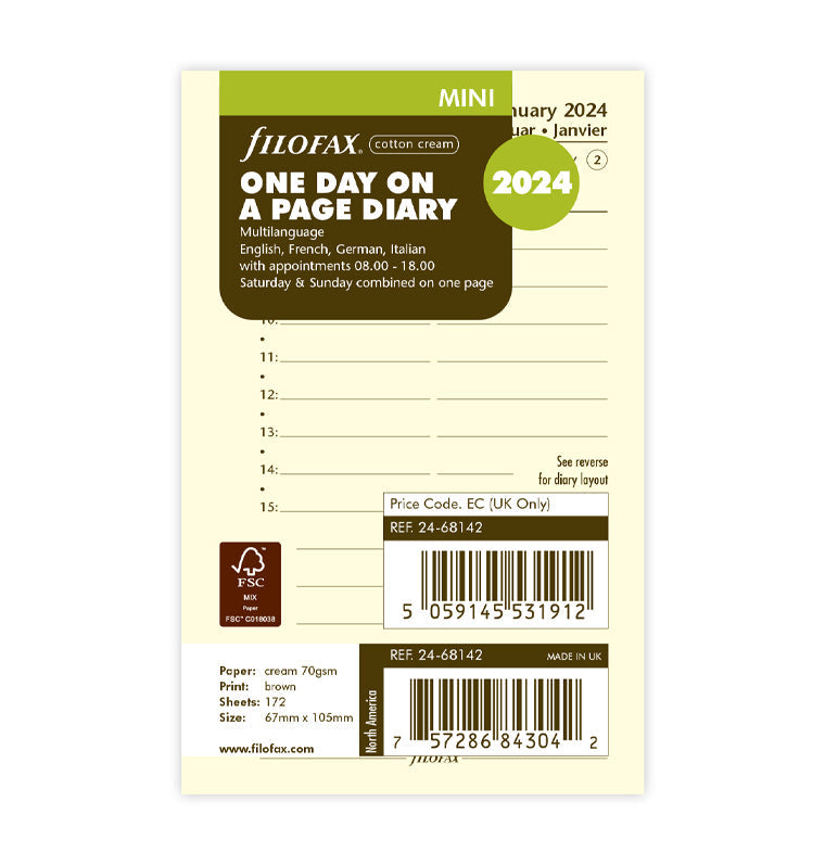 One Day On A Page Diary With Appointments - Mini Cotton Cream 2024 Multilanguage - Filofax
