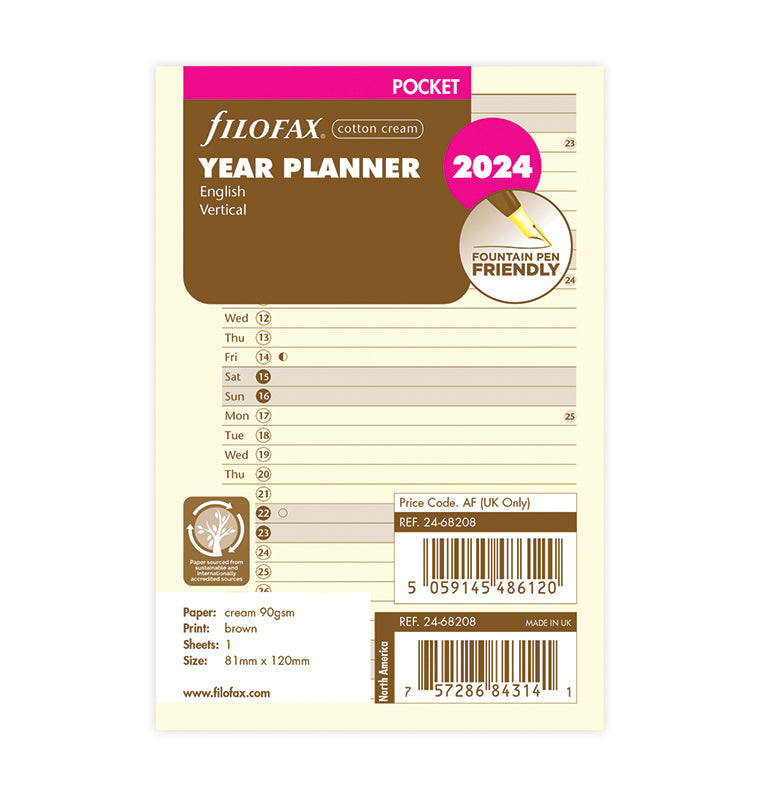Filofax Personal size 2024 Pink Week on Two Pages Diary Refill 24-68478