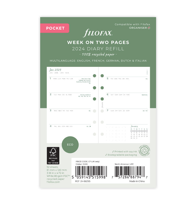 Filofax Eco Week On Two Pages Diary - Pocket 2024 Multilanguage