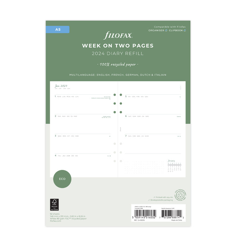 Filofax Eco Week On Two Pages Diary Refill - A5 2024 Multilanguage