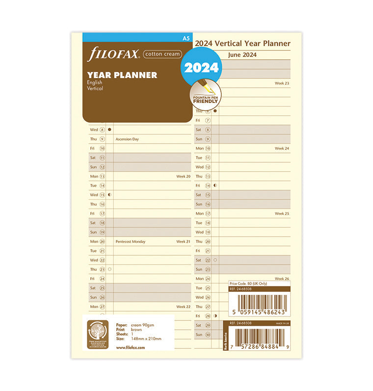 Filofax Vertical Year Planner - A5 Cotton Cream 2024 English