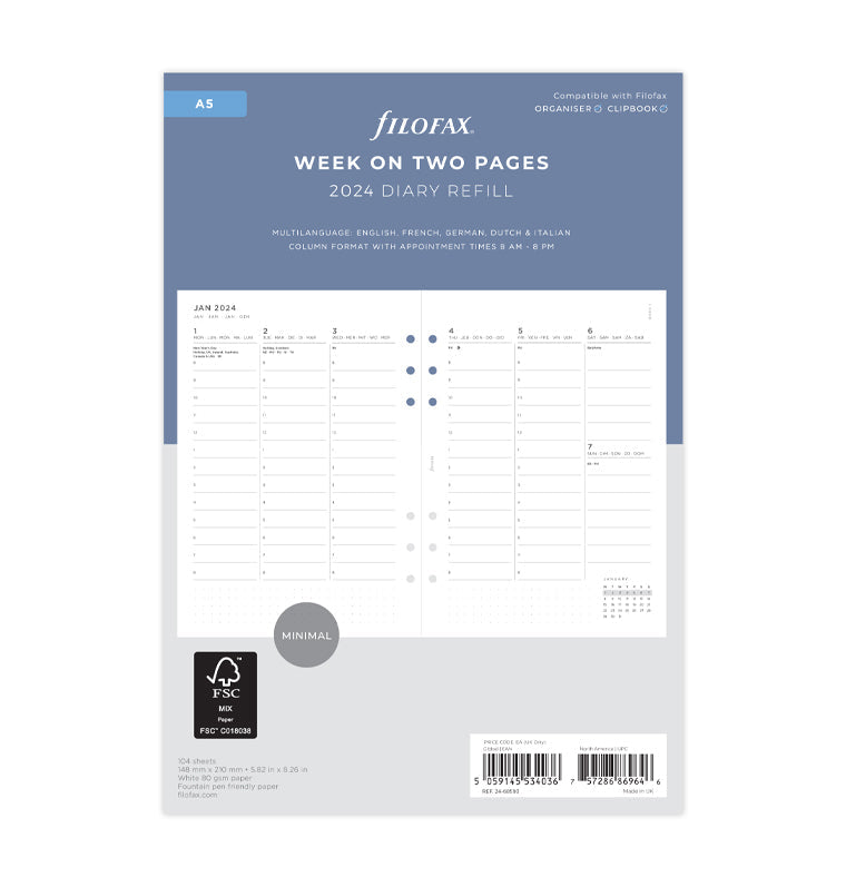  Filofax Calendar Diary Refill, Personal/Compact Size,  Week-to-View, White Paper, Unruled, English, 2024 (C68421-24) : Office  Products