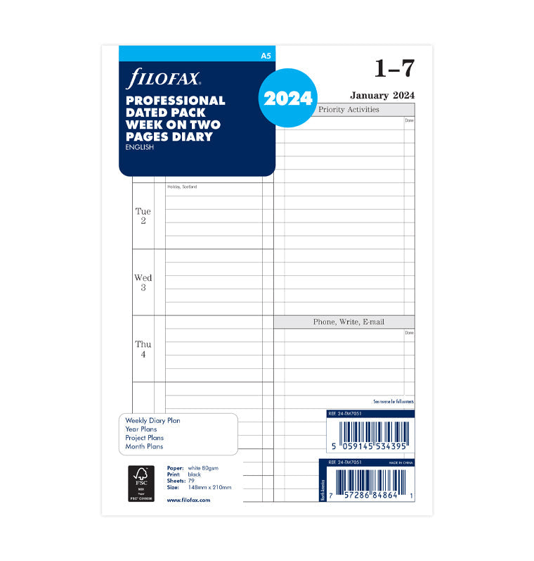 Time Management Week To View Diary - A5 2024 English - Filofax
