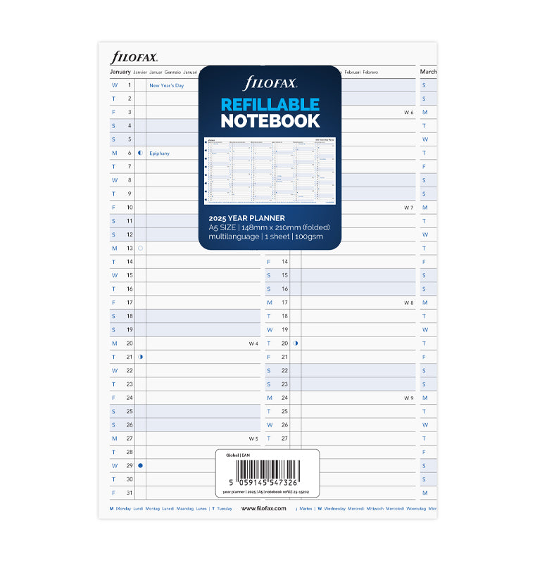 Refillable Notebook Year Planner Refill - A5 2025 Multilanguage