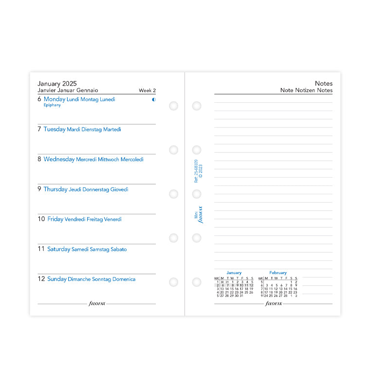 Week On One Page Diary with Notes - Mini 2025 Multilanguage
