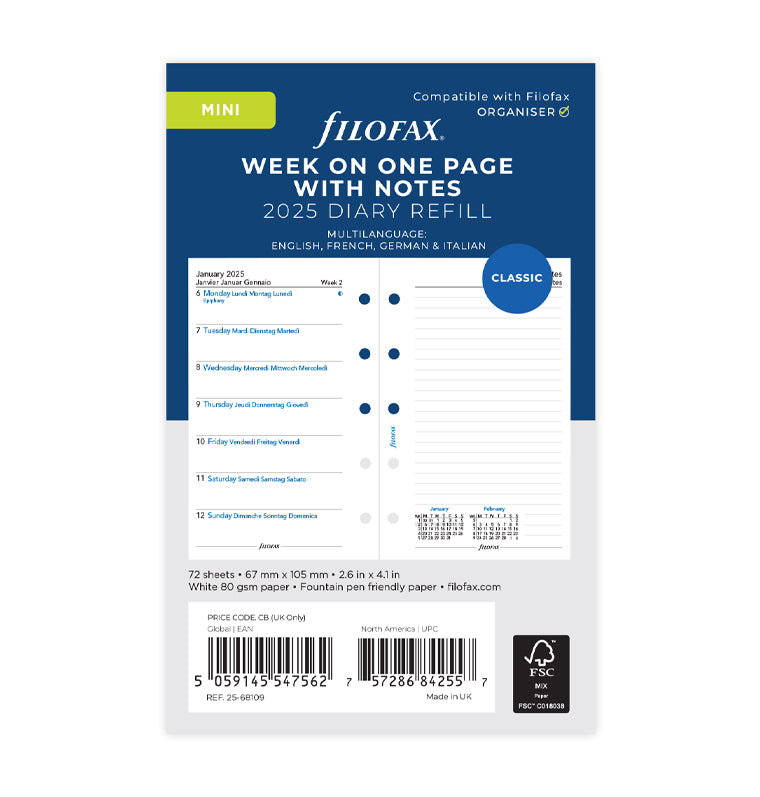 Week On One Page Diary with Notes - Mini 2025 Multilanguage