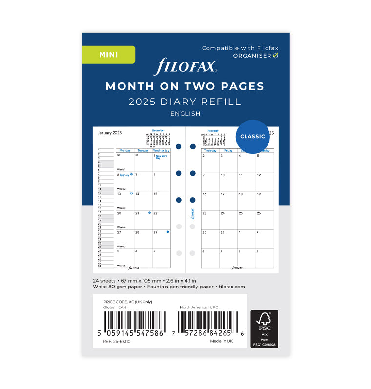 Month On Two Pages Diary - Mini 2025 English