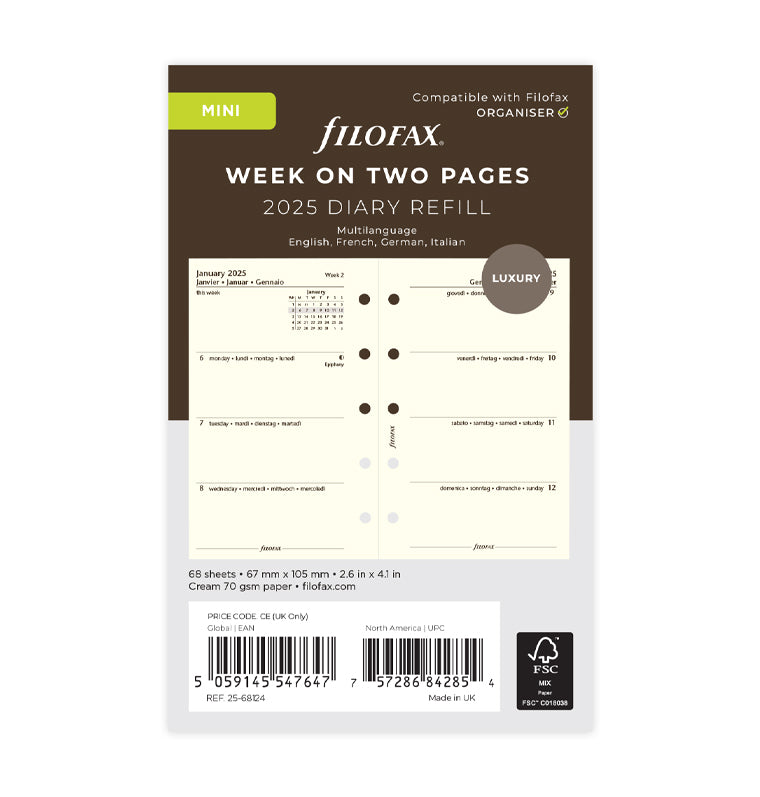 Week On Two Pages Diary - Mini Cotton Cream 2025 Multilanguage