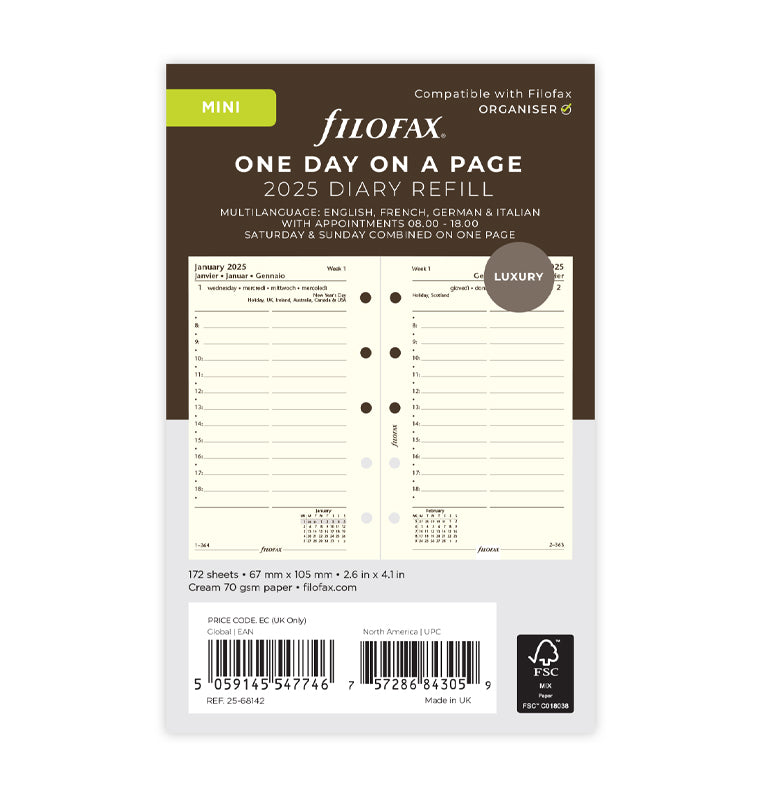 One Day On A Page Diary With Appointments - Mini Cotton Cream 2025 Multilanguage