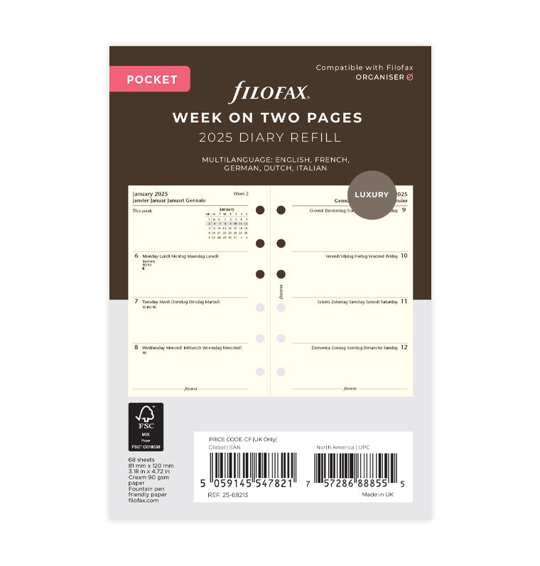 Week On Two Pages Diary - Pocket Cotton Cream 2025 Multilanguage