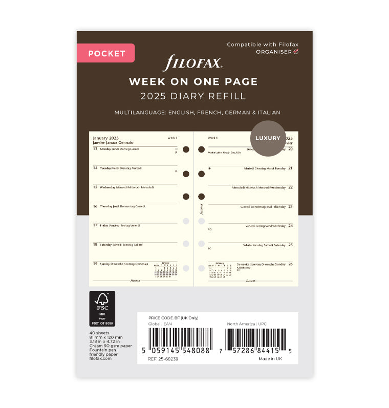 Week On One Page Diary - Pocket Cotton Cream 2025 Multilanguage