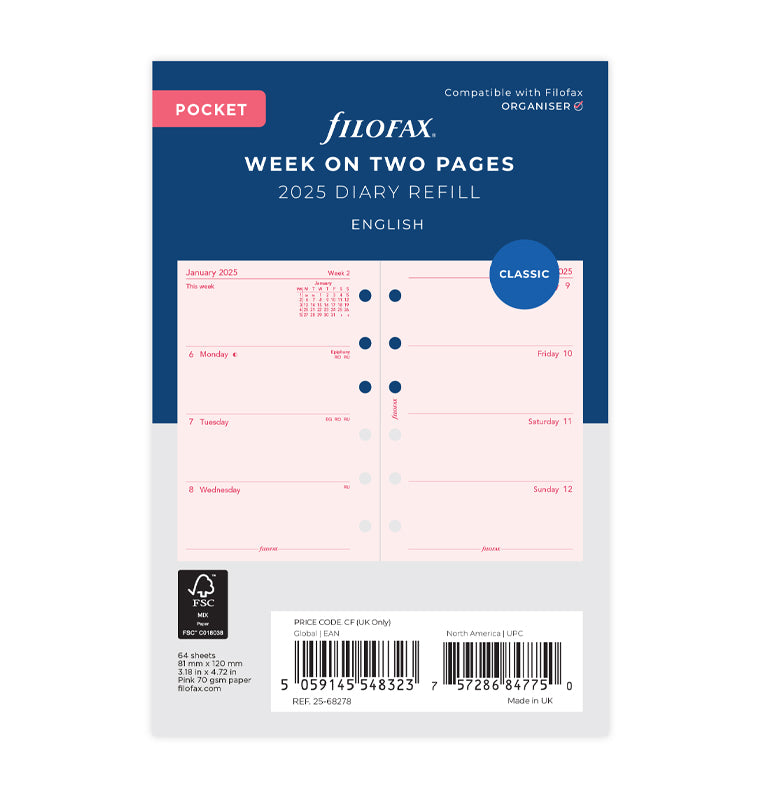 Week On Two Pages Diary - Pocket Pink 2025 English