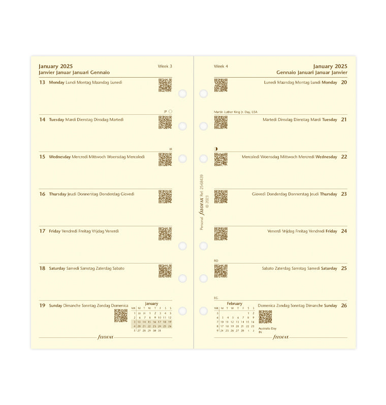 Week On One Page Diary - Personal Cotton Cream 2025 Multilanguage