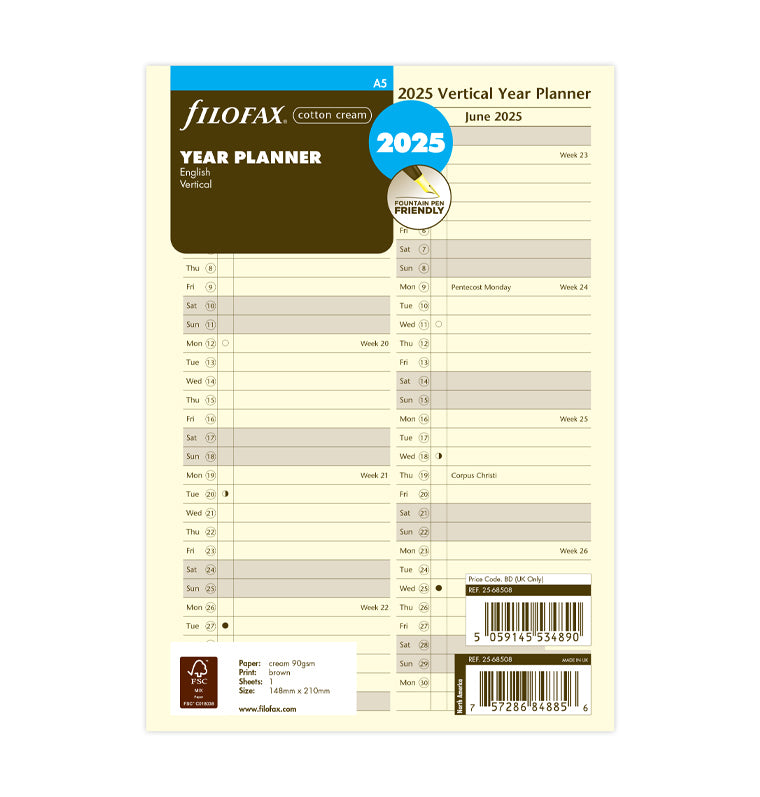 Vertical Year Planner - A5 Cotton Cream 2025 English - Filofax