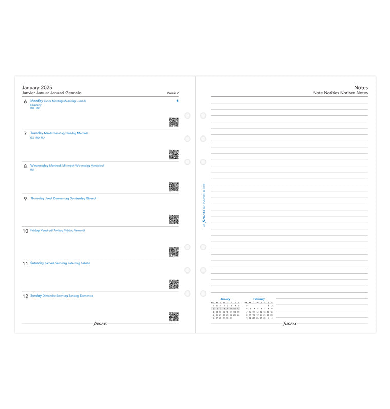 Week On One Page Diary With Notes - A5 2025 Multilanguage