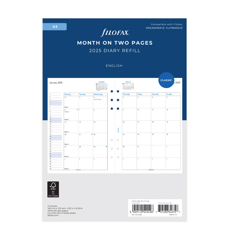Month On Two Pages Diary - A5 2025 English