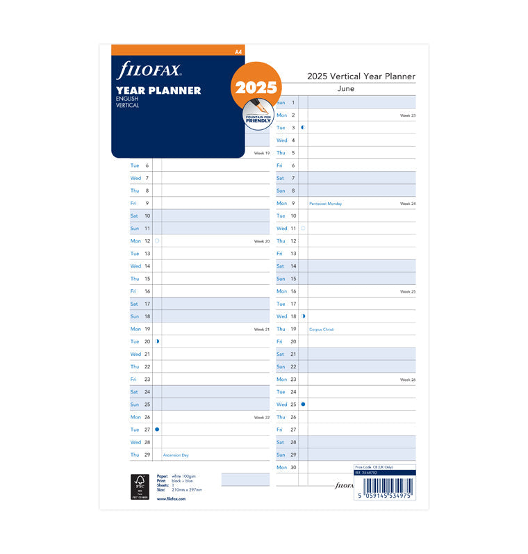 Vertical Year Planner - A4 2025 English - Filofax