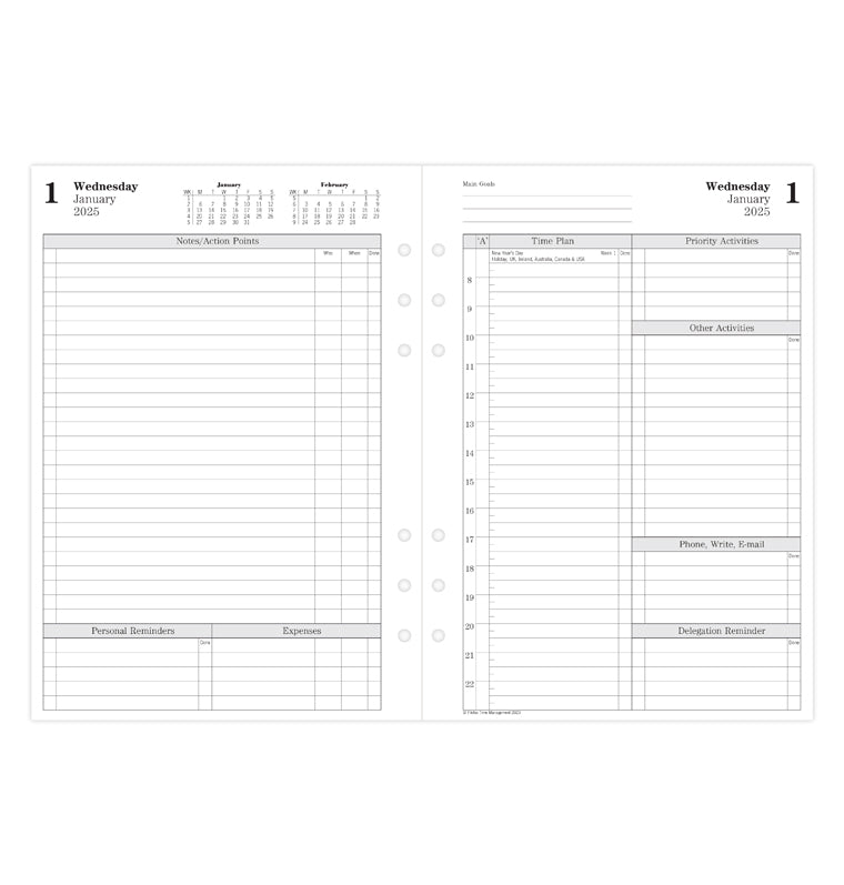 Time Management One Day On Two Pages Diary - A5 2025 English