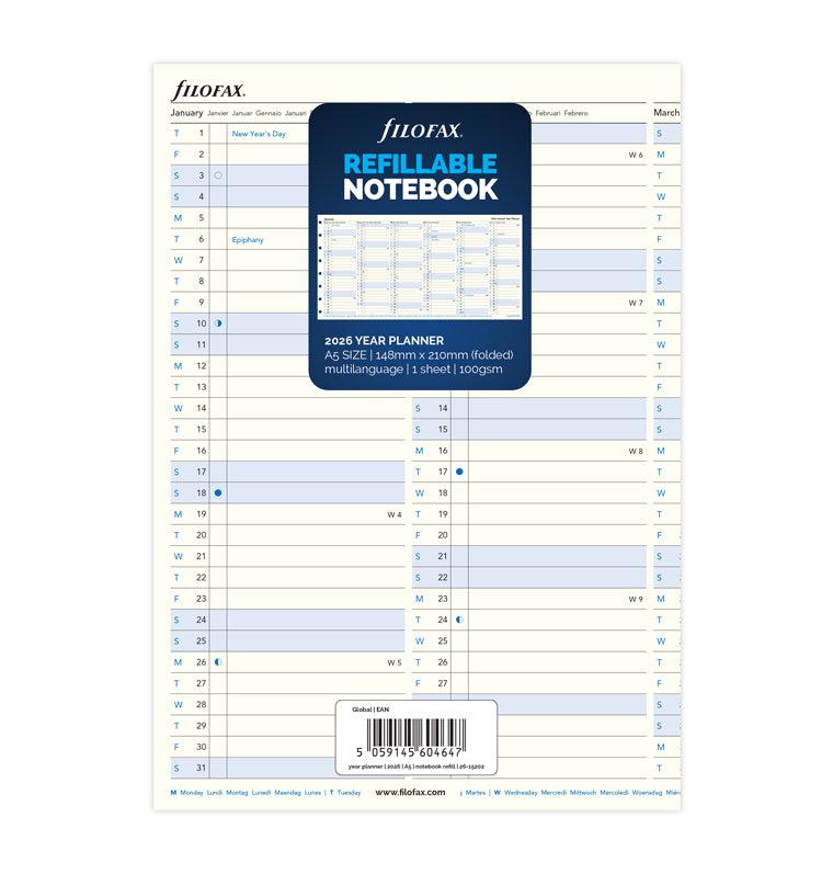 Filofax Refillable Notebook Year Planner Refill - A5 2026 Multilanguage 26-15202