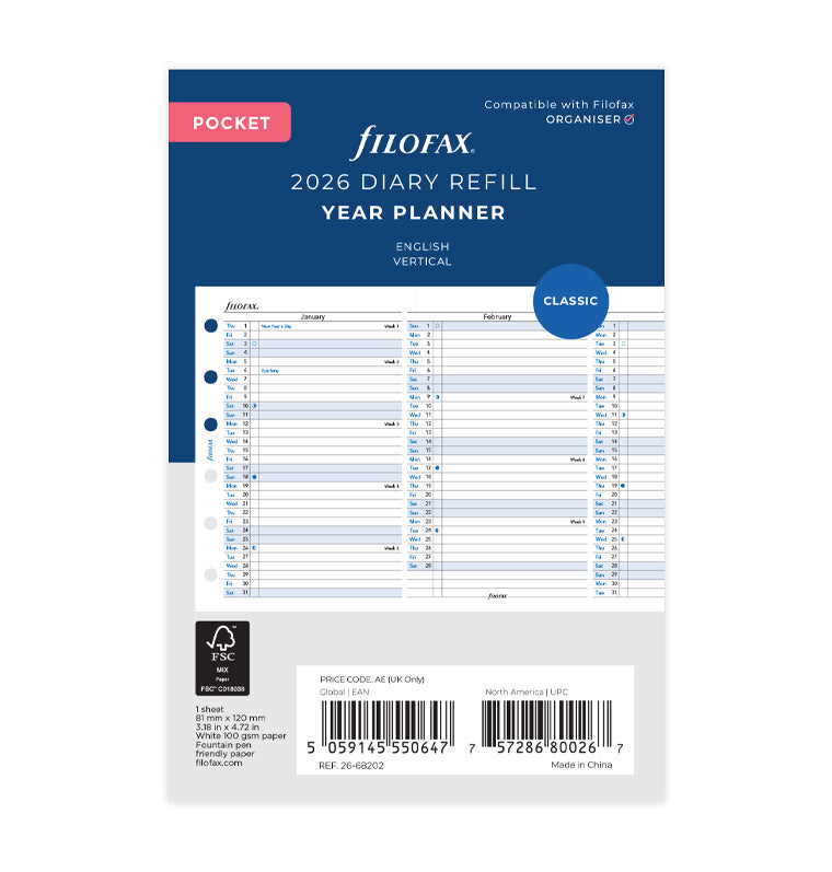 Vertical Year Planner Pocket 2026 Filofax Filofax UK